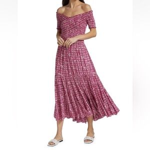 Poupette St. Barth Soledad Ruched Smocked Midi Dress in Pink Hyeres Large